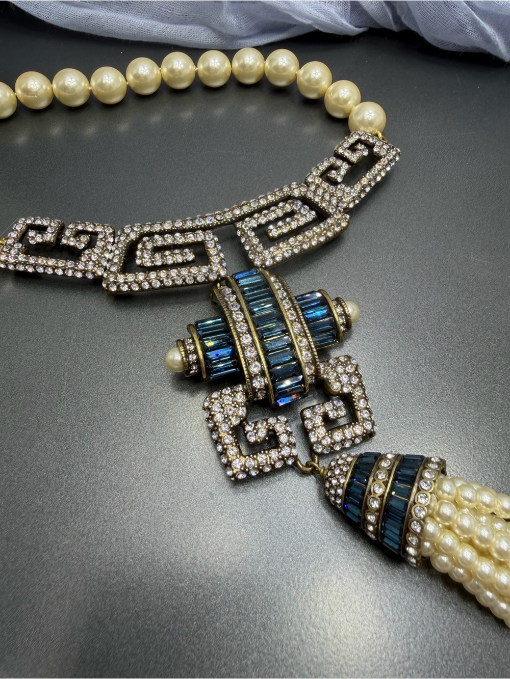 Heidi Daus Pearl Statement Necklace with Sapphire Accents #43sn